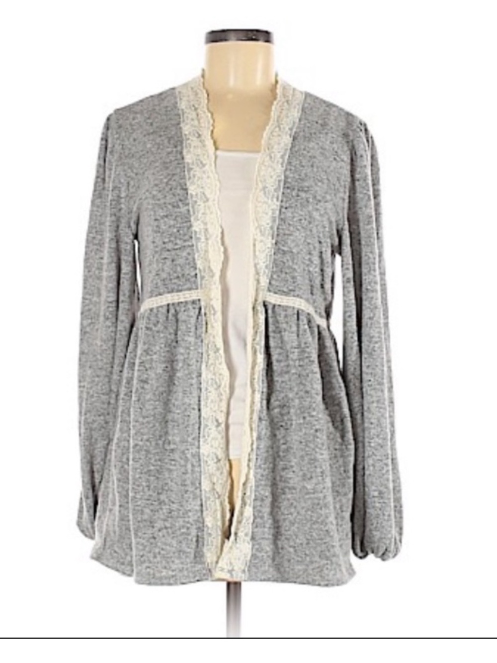 Knox Rose Heather Gray Lace Trimmed Open Front Cardigan Babydoll Empire Waist L